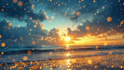 The primary subject of the image is a beautiful sunset over the ocean. The setting is a beach with a body of water, and the visual style is a photo. The colors and mood of the image are warm and serene, with the sun's rays creating a glowing effect on the water and clouds.